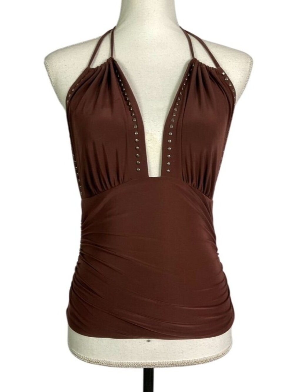 Windsor Brown Studded Plunge Halter Ruched Top Festival Going Out Medium
